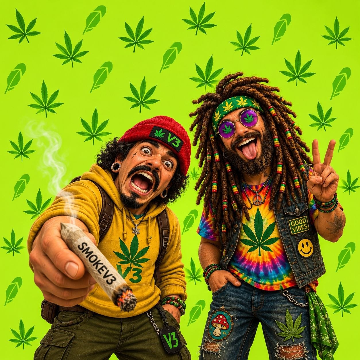 The SmokeV3 crew: two characters against a wall of cannabis leaves and Robinhood feathers, one holding out a joint labelled SMOKEV3.